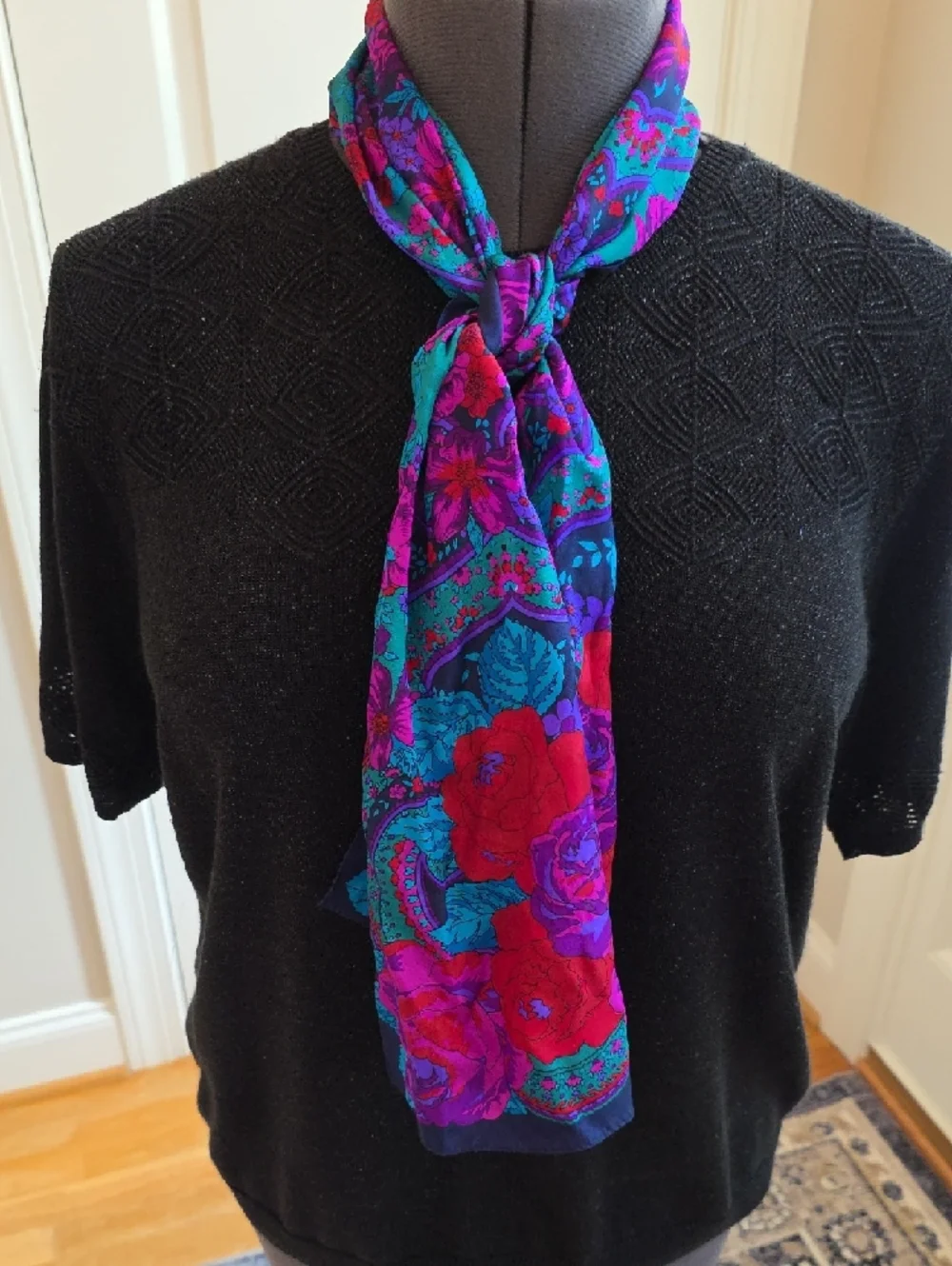 Vibrant Floral Teal and Purple Silk Vintage Scarf Circa 1980s